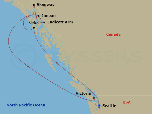 7 Night - Alaska Adventure Cruise - Ovation Of The Seas - Starting in Seattle, Washington, Sitka, Alaska, Skagway, Alaska, Endicott Arm and Dawes Glacier, Juneau, Alaska, Victoria CA, Canada, Seattle, Washington itinerary map