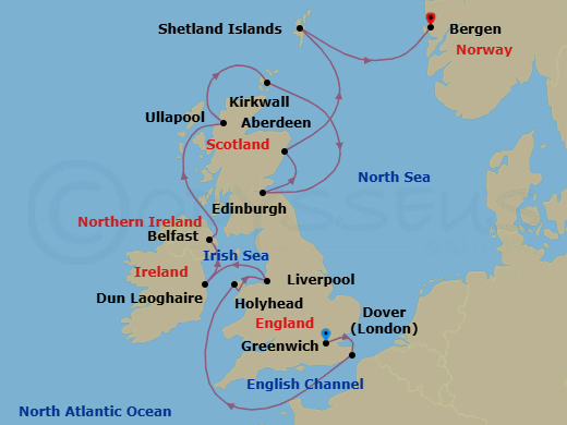 14 Night - British Isles Explorer - Viking Sky - Starting in London (Greenwich), Dover UK, Scenic Sailing English Channel, Holyhead, Liverpool, Dublin (Dun Laoghaire), Belfast (Bangor UK), Northern Ireland, The Highlands (Ullapool), Orkney Islands (Kirkwall), Edinburgh (Newhaven Harbour), Aberdeen, Shetland Islands (Lerwick), Bergen itinerary map