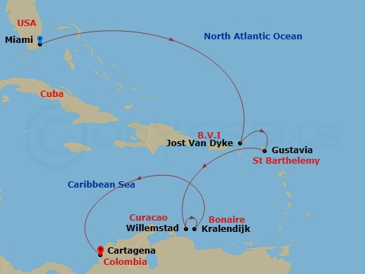 10 Night - Miami to Cartagena - Silver Shadow - Starting in Miami, Fl, Jost Van Dyke, British Virgin Islands, Gustavia, St Barthelemy, Willemstad AN, Curacao, Kralendijk, Bonaire, Cartagena CO itinerary map