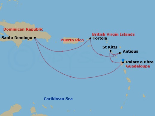 6 Night - Western Caribbean from Pointe a Pitre - Costa Favolosa - Starting in Guadeloupe (Antilles), St Kitts (Antilles), Antigua (Antilles), Antigua Bay, Road Harbour / Tortola, Santo Domingo, Dominican Republic, Guadeloupe (Antilles) itinerary map