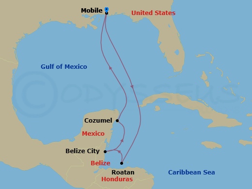8 Night - Western Caribbean - Carnival Valor - Starting in Mobile, Al, Isla Tropicale, Roatan, Belize, Cozumel, Mexico, Mobile, Al itinerary map