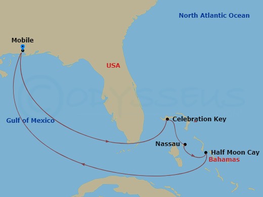 8 Night - Bahamas - Carnival Valor - Starting in Mobile, Al, Celebration Key, the Bahamas, Nassau, Bahamas, Relaxaway, Half Moon Cay, Mobile, Al itinerary map