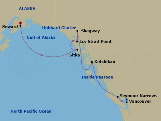 7 Night - Alaska from Vancouver to Seward - Crystal Symphony - Starting in Vancouver, Seymour Narrows, British Columbia, Ketchikan, Icy Strait Point, Alaska, Skagway, Alaska, Sitka, Alaska, Cruise Hubbard Glacier, Alaska, Seward itinerary map