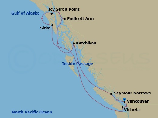 8 Night - Alaska Roundtrip from Vancouver - Crystal Symphony - Starting in Vancouver, Seymour Narrows, British Columbia, Ketchikan, Endicott Arm, Icy Strait Point, Alaska, Sitka, Alaska, Victoria CA, Canada, Vancouver itinerary map