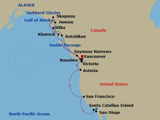 18 Night - Alaska from San Diego to Vancouver - Crystal Symphony - Starting in San Diego, Santa Catalina Island, San Francisco, Astoria, Victoria CA, Canada, Nanaimo, British Columbia, Vancouver, Seymour Narrows, British Columbia, Klawock, Juneau, Alaska, Skagway, Alaska, Cruise Hubbard Glacier, Alaska, Sitka, Alaska, Ketchikan, Victoria CA, Canada, Vancouver itinerary map