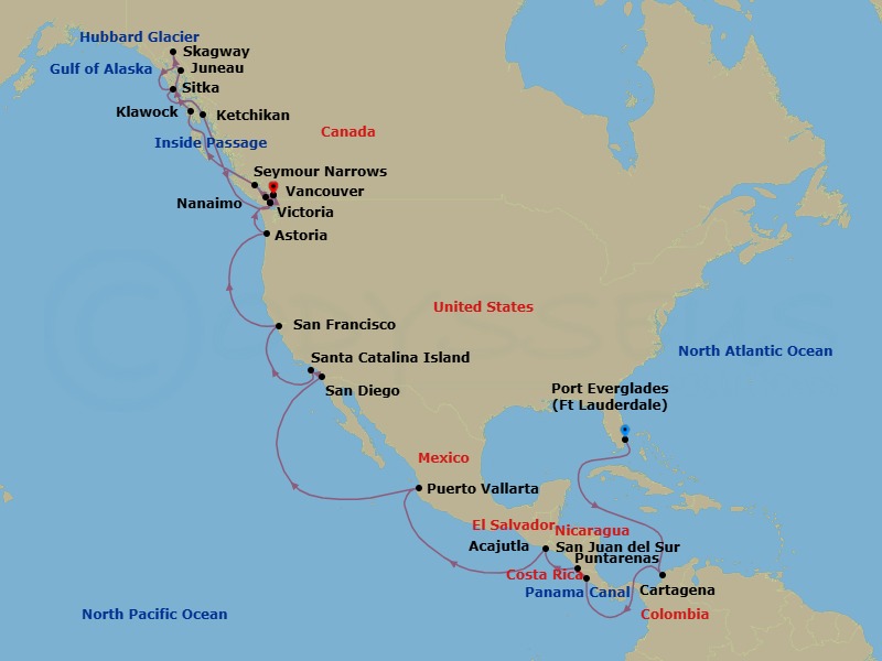 33 Night - Alaska from Ft Lauderdale (Port Everglades) to Vancouver - Crystal Symphony - Starting in Fort Lauderdale, Cartagena CO, Panama Canal Transit, Puntarenas, San Juan del Sur, Acajutla, Puerto Vallarta, San Diego, Santa Catalina Island, San Francisco, Astoria, Victoria CA, Canada, Nanaimo, British Columbia, Vancouver, Seymour Narrows, British Columbia, Klawock, Juneau, Alaska, Skagway, Alaska, Cruise Hubbard Glacier, Alaska, Sitka, Alaska, Ketchikan, Victoria CA, Canada, Vancouver itinerary map