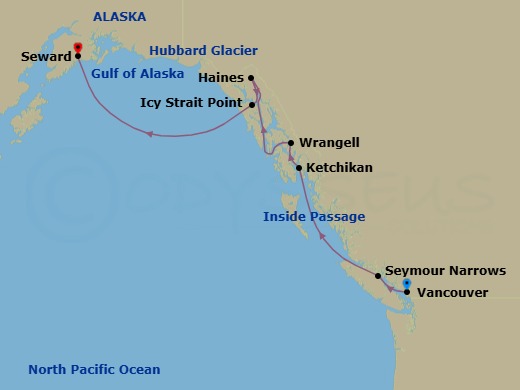 7 Night - Alaska from Vancouver to Seward - Crystal Symphony - Starting in Vancouver, Seymour Narrows, British Columbia, Ketchikan, Wrangell, Haines, Alaska, Icy Strait Point, Alaska, Cruise Hubbard Glacier, Alaska, Seward itinerary map