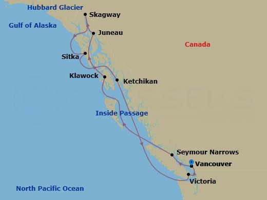10 Night - Alaska Roundtrip from Vancouver - Crystal Symphony - Starting in Vancouver, Seymour Narrows, British Columbia, Klawock, Juneau, Alaska, Skagway, Alaska, Cruise Hubbard Glacier, Alaska, Sitka, Alaska, Ketchikan, Victoria CA, Canada, Vancouver itinerary map