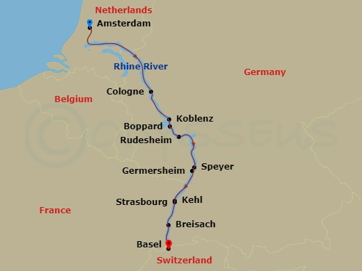 7 Night - Castles Along the Rhine - S.S. Elisabeth - Starting in Amsterdam, Zons / Cologne, Koblenz, Boppard, Boppard, Rudesheim, Germersheim, Strasbourg, Breisach (Freiburg), Basel, Basel itinerary map