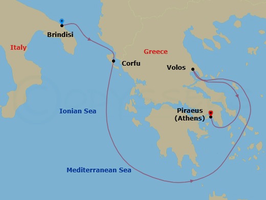5 Night - A Journey from Apulian Warmth to Greek Sacred Myth - EXPLORA II - Starting in Brindisi, Corfu, Volos, Piraeus (Athens) itinerary map