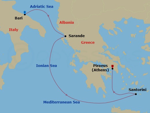 4 Night - A Journey Through Ionian Beauty and Santorini Skies - EXPLORA II - Starting in Bari, Sarande, Santorini, Piraeus (Athens) itinerary map