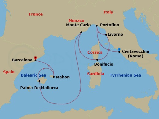 10 Night - Civitavecchia to Barcelona - Silver Ray - Starting in Civitavecchia (Rome), Portofino, Livorno (Tuscany), Bonifacio (Corsica), Monte Carlo (Grand Prix), Palma De Mallorca, Porto Mahon, Barcelona itinerary map