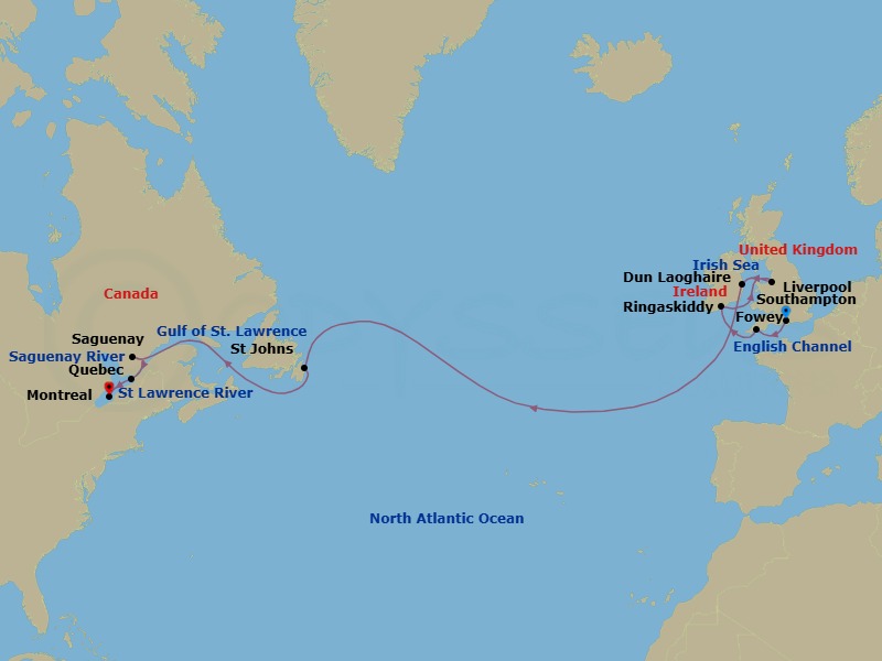 14 Night - Continental Crown - Seven Seas Grandeur - Starting in London (Southampton), Fowey, Ringaskiddy (Cork), Liverpool, Dun Laoghaire, Cruising the Atlantic Ocean, St Johns, Cruising the Gulf of St Lawrence, Cruising the St Lawrence River, Saguenay, Quebec City, Montreal itinerary map