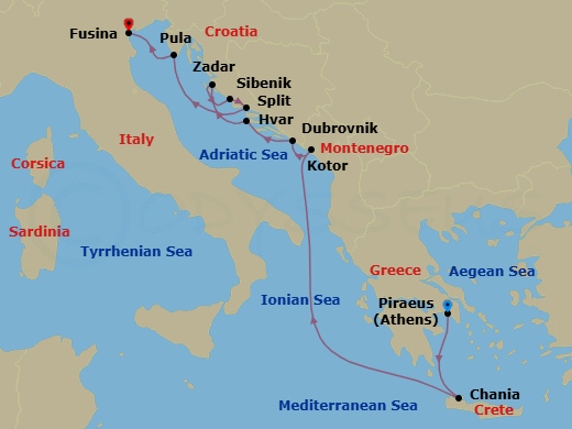 10 Night - Croatia Intensive Cruise : Dubrovnik, Sibenik & Split - Azamara Onward - Starting in Athens (Piraeus), Chania, Crete, Kotor, Dubrovnik, Croatia, Hvar, Zadar, Sibenik, Split, Pula, Venice (Fusina) itinerary map