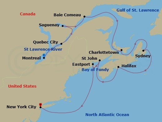 11 Night - Celebrate the St. Lawrence - Seven Seas Splendor - Starting in Montreal, Quebec City, Saguenay, Baie-Comeau, Cruising the Gulf of St Lawrence, Charlottetown, Sydney NS, Halifax, Saint John NB (Bay of Fundy), Eastport, Cruising the Atlantic Ocean, New York itinerary map