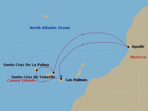 7 Night - Western Mediterranean from Las Palmas - Costa Smeralda - Starting in Las Palmas (Gran Canaria), Agadir, Santa Cruz de Tenerife, Santa Cruz de La Palma, Las Palmas (Gran Canaria) itinerary map