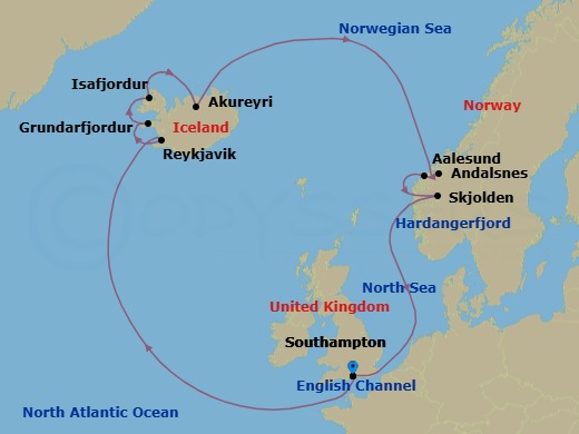 14 Night - Iceland & Norway - Sky Princess - Starting in Southampton (for London), England, Reykjavik, Iceland, Grundarfjordur, Iceland, Isafjordur, Iceland, Akureyri, Iceland, Andalsnes, Norway, Romsdalsfjord (Scenic Cruising), Alesund, Norway, Skjolden / Sognefjord, Norway, Sognefjord (Scenic Cruising), Hardangerfjord (Scenic Cruising), Norway, Southampton (for London), England itinerary map