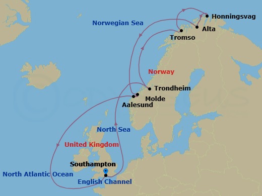 14 Night - Search for the Northern Lights - Majestic Princess - Starting in Southampton (for London), England, Trondheimsfjord (Scenic Cruising), Trondheim, Norway, Tromso, Norway, Honningsvag (for North Cape), Norway, Alta, Norway, Molde, Norway, Alesund, Norway, Southampton (for London), England itinerary map