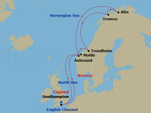 14 Night - Search for the Northern Lights - Majestic Princess - Starting in Southampton (for London), England, Alesund, Norway, Trondheim, Norway, Tromso, Norway, Alta, Norway, Molde, Norway, Southampton (for London), England itinerary map