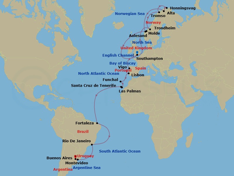 36 Night - Northern Lights Grand Adventure - Majestic Princess - Starting in Southampton (for London), England, Trondheimsfjord (Scenic Cruising), Trondheim, Norway, Tromso, Norway, Honningsvag (for North Cape), Norway, Alta, Norway, Molde, Norway, Alesund, Norway, Southampton (for London), England, Vigo, Spain (for Santiago de Compostela), Lisbon, Portugal, Madeira (Funchal), Portugal, Gran Canaria (Las Palmas), Canary Islands, Santa Cruz de Tenerife, Fortaleza, Brazil, Rio De Janeiro, Brazil, Montevideo, Uruguay, Buenos Aires, Argentina itinerary map
