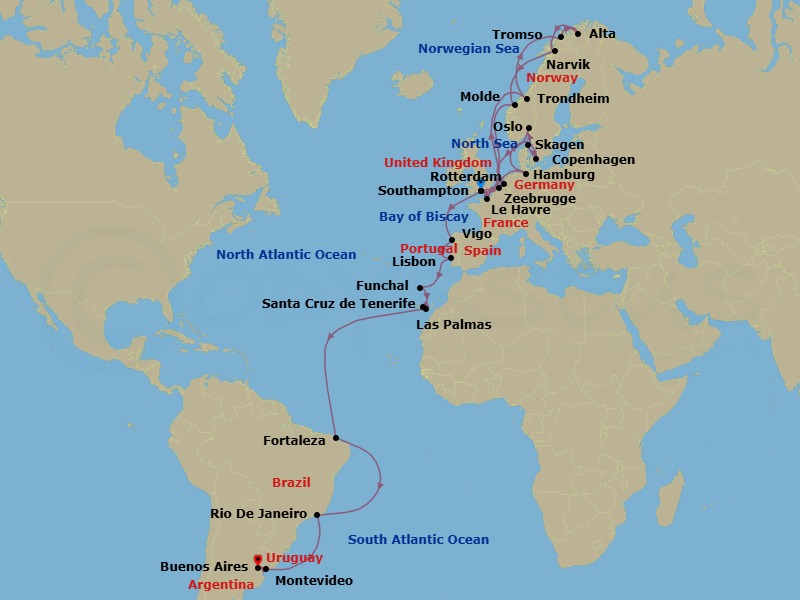 48 Night - Northern Europe to South America Grand Adventure - Majestic Princess - Starting in Southampton (for London), England, Hamburg, Germany (for Berlin), Copenhagen, Denmark, Skagen, Denmark, Oslo, Norway, Rotterdam, the Netherlands, Zeebrugge (for Brussels / Bruges), Belgium, Le Havre (for Paris / Normandy), France, Southampton (for London), England, Trondheimsfjord (Scenic Cruising), Trondheim, Norway, Tromso, Norway, Alta, Norway, Narvik, Norway, Molde, Norway, Southampton (for London), England, Vigo, Spain (for Santiago de Compostela), Lisbon, Portugal, Madeira (Funchal), Portugal, Santa Cruz de Tenerife, Gran Canaria (Las Palmas), Canary Islands, Fortaleza, Brazil, Rio De Janeiro, Brazil, Montevideo, Uruguay, Buenos Aires, Argentina itinerary map