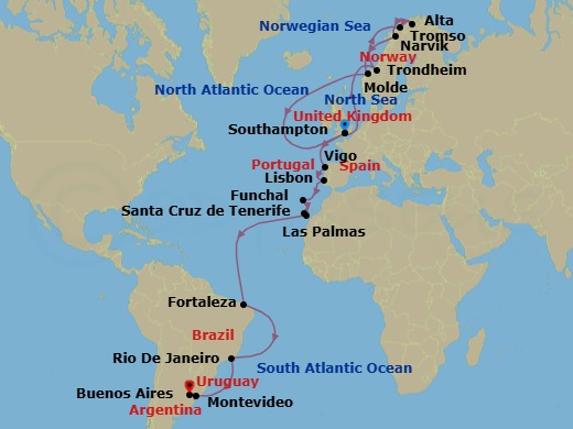 36 Night - Northern Lights Grand Adventure - Majestic Princess - Starting in Southampton (for London), England, Trondheimsfjord (Scenic Cruising), Trondheim, Norway, Tromso, Norway, Alta, Norway, Narvik, Norway, Molde, Norway, Southampton (for London), England, Vigo, Spain (for Santiago de Compostela), Lisbon, Portugal, Madeira (Funchal), Portugal, Santa Cruz de Tenerife, Gran Canaria (Las Palmas), Canary Islands, Fortaleza, Brazil, Rio De Janeiro, Brazil, Montevideo, Uruguay, Buenos Aires, Argentina itinerary map