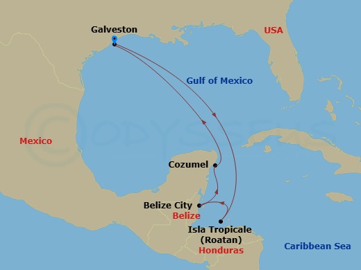 7 Night - Western Caribbean - Carnival Breeze - Starting in Galveston, Tx, Isla Tropicale, Roatan, Belize, Cozumel, Mexico, Galveston, Tx itinerary map