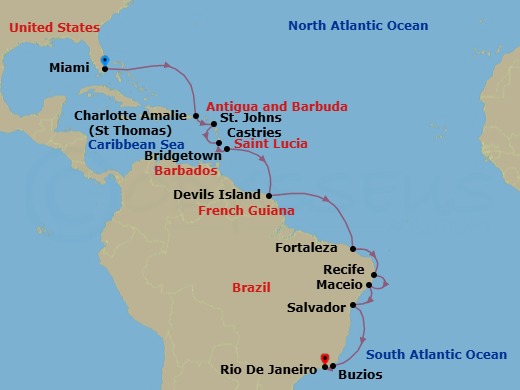 18 Night - White Sands & Brazilian Sun - Seven Seas Mariner - Starting in Miami, Cruising the Atlantic Ocean, Charlotte Amalie, St Johns, Castries, Bridgetown, Cruising the Atlantic Ocean, Devils Island, Cruising the Atlantic Ocean, Fortaleza, Cruising the Atlantic Ocean, Recife, Maceio, Salvador, Cruising the Atlantic Ocean, Buzios, Brazil, Rio De Janeiro itinerary map