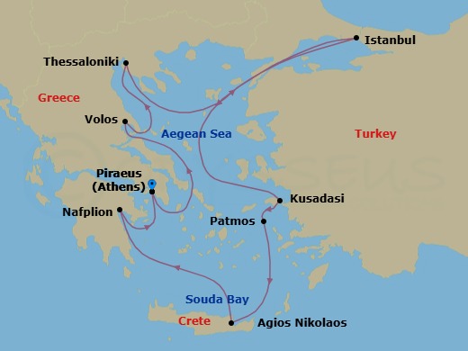 12 Night - Athens to Athens - Silver Shadow - Starting in Athens (Piraeus), Volos, Thessaloniki, Istanbul, Kusadasi, Patmos, Aghios Nikolaos, Crete, Souda Bay (Crete), Nafplion, Athens (Piraeus) itinerary map