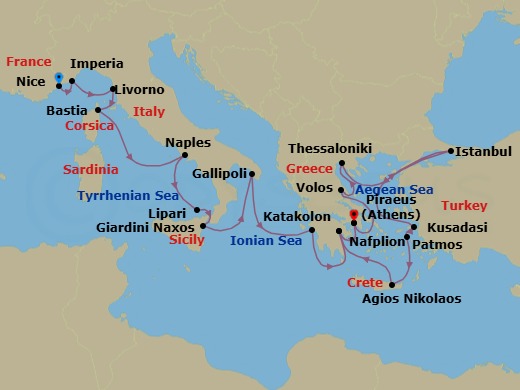 24 Night - Cruise from Nice to Athens - Silver Shadow - Starting in Nice, Imperia, Livorno, Bastia, Naples, Lipari Island, Giardini Naxos, Gallipoli, Katakolon, Nafplion, Athens, Volos, Thessaloniki, Istanbul, Kusadasi, Patmos, Aghios Nikolaos, Souda Bay, Nafplion, Athens itinerary map