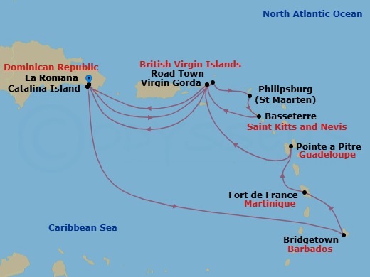 14 Night - South Caribbean - MSC Opera - Starting in La Romana, Dominican Republic, Virgin Gorda, British Virgin Islands, Philipsburg, St Maarten, Basseterre, St Kitts and Nevis, Road Town (Tortola), British Virgin Islands, Catalina Island, Dominican Republic, La Romana, Dominican Republic, Catalina Island, Dominican Republic, Bridgetown, Barbados, Fort-de-France, Martinique, Pointe-A-Pitre, Guadeloupe, Road Town (Tortola), British Virgin Islands, La Romana, Dominican Republic itinerary map