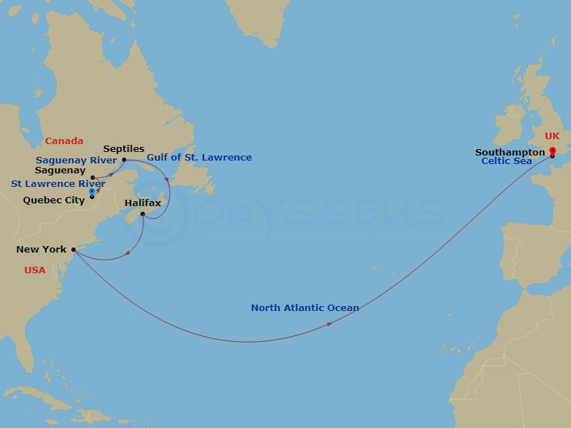 14 Night - Transatlantic Crossing and Canada - Queen Mary 2 - Starting in Quebec, QC, Canada, Saguenay, QC, Canada, Sept-Iles, QC, Canada, Halifax, NS, Canada, New York, NY, Southampton, England, UK itinerary map