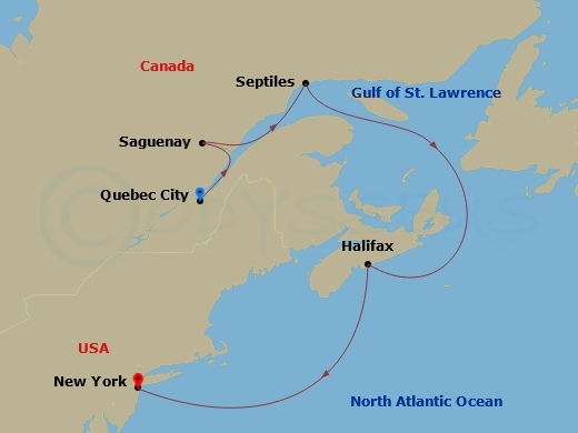 7 Night - Canada / New England from Quebec to New York City - Queen Mary 2 - Starting in Quebec, QC, Canada, Saguenay, QC, Canada, Sept-Iles, QC, Canada, Halifax, NS, Canada, New York, NY itinerary map