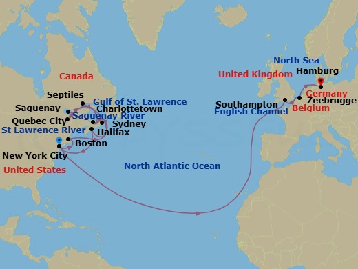 24 Night - Transatlantic Crossing, New England and Canada - Queen Mary 2 - Starting in New York, NY, Boston, MA, Sydney NS, Canada, Charlottetown, PE, Canada, Quebec, QC, Canada, Saguenay, QC, Canada, Sept-Iles, QC, Canada, Halifax, NS, Canada, New York, NY, Southampton, England, UK, Zeebrugge (tours to Bruges), Belgium, Hamburg, Germany itinerary map