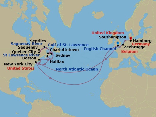 31 Night - Transatlantic Crossing, New England and Canada - Queen Mary 2 - Starting in Southampton, England, UK, New York, NY, Boston, MA, Sydney NS, Canada, Charlottetown, PE, Canada, Quebec, QC, Canada, Saguenay, QC, Canada, Sept-Iles, QC, Canada, Halifax, NS, Canada, New York, NY, Southampton, England, UK, Zeebrugge (tours to Bruges), Belgium, Hamburg, Germany itinerary map
