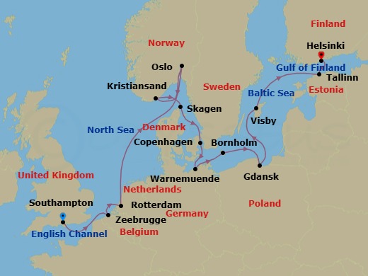 14 Night - Scandinavia & Baltic Adventure - Regal Princess - Starting in Southampton (for London), England, Zeebrugge (for Brussels / Bruges), Belgium, Rotterdam, the Netherlands, Oslo, Norway, Oslofjord (Scenic Cruising), Kristiansand, Norway, Skagen, Denmark, Copenhagen, Denmark, Warnemunde (for Berlin), Germany, Bornholm, Denmark, Gdansk (Gdynia), Poland, Visby, Sweden, Tallinn, Estonia, Helsinki, Finland itinerary map