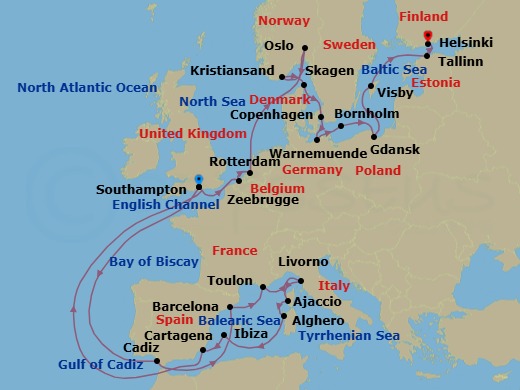 29 Night - Mediterranean & Baltic Explorer - Regal Princess - Starting in Southampton (for London), England, Seville (Cadiz), Spain, Barcelona, Spain, Toulon / Provence (La Seyne), France, Livorno (for Florence / Pisa), Italy, Corsica (Ajaccio), France, Sardinia (Alghero), Italy, Ibiza, Spain, Cartagena ES, Southampton (for London), England, Zeebrugge (for Brussels / Bruges), Belgium, Rotterdam, the Netherlands, Oslo, Norway, Oslofjord (Scenic Cruising), Kristiansand, Norway, Skagen, Denmark, Copenhagen, Denmark, Warnemunde (for Berlin), Germany, Bornholm, Denmark, Gdansk (Gdynia), Poland, Visby, Sweden, Tallinn, Estonia, Helsinki, Finland itinerary map
