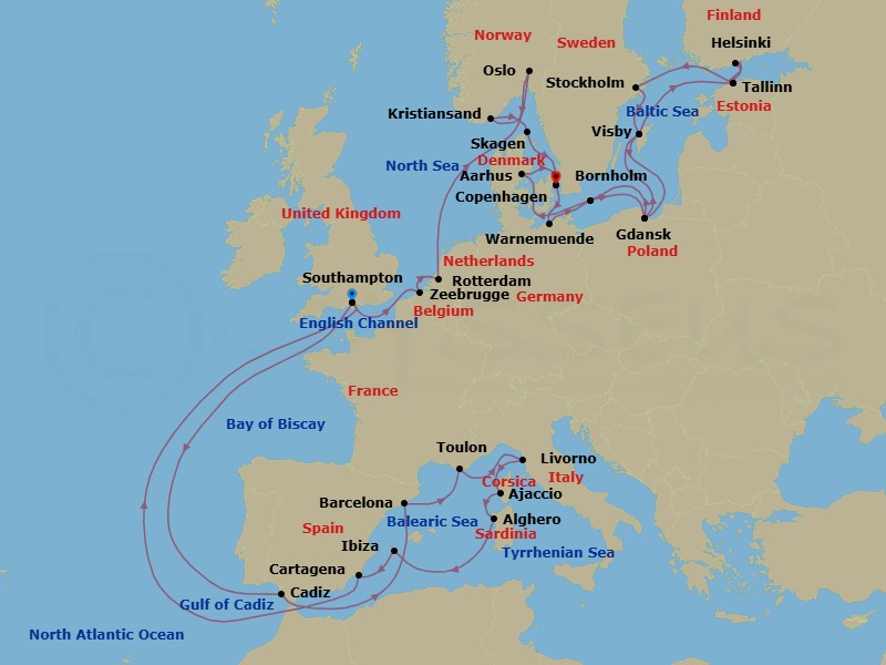 37 Night - Mediterranean & Baltic Explorer - Regal Princess - Starting in Southampton (for London), England, Seville (Cadiz), Spain, Barcelona, Spain, Toulon / Provence (La Seyne), France, Livorno (for Florence / Pisa), Italy, Corsica (Ajaccio), France, Sardinia (Alghero), Italy, Ibiza, Spain, Cartagena ES, Southampton (for London), England, Zeebrugge (for Brussels / Bruges), Belgium, Rotterdam, the Netherlands, Oslo, Norway, Oslofjord (Scenic Cruising), Kristiansand, Norway, Skagen, Denmark, Copenhagen, Denmark, Warnemunde (for Berlin), Germany, Bornholm, Denmark, Gdansk (Gdynia), Poland, Visby, Sweden, Tallinn, Estonia, Helsinki, Finland, Tallinn, Estonia, Stockholm, Sweden, Visby, Sweden, Gdansk (Gdynia), Poland, Bornholm, Denmark, Aarhus, Denmark, Copenhagen, Denmark itinerary map