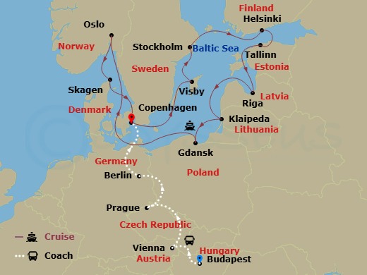 20 Night - Imperial Treasures - Tour 1A - Caribbean Princess Tours - Starting in Budapest, Hungary, Vienna, Austria, Prague, Czech Republic, Berlin, Germany, Copenhagen, Denmark, Visby, Sweden, Stockholm, Sweden, Helsinki, Finland, Tallinn, Estonia, Riga, Latvia, Klaipeda, Lithuania, Gdansk (Gdynia), Poland, Oslofjord (Scenic Cruising), Oslo, Norway, Skagen, Denmark, Copenhagen, Denmark itinerary map