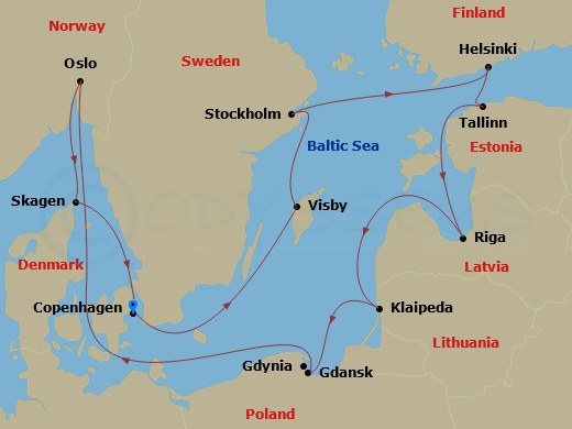 12 Night - Norway, Denmark & Sweden - Caribbean Princess - Starting in Copenhagen, Denmark, Visby, Sweden, Stockholm, Sweden, Helsinki, Finland, Tallinn, Estonia, Riga, Latvia, Klaipeda, Lithuania, Gdansk (Gdynia), Poland, Oslofjord (Scenic Cruising), Oslo, Norway, Skagen, Denmark, Copenhagen, Denmark itinerary map