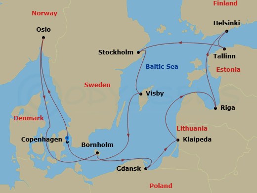 12 Night - Norway, Denmark & Sweden - Caribbean Princess - Starting in Copenhagen, Denmark, Oslofjord (Scenic Cruising), Oslo, Norway, Bornholm, Denmark, Gdansk (Gdynia), Poland, Klaipeda, Lithuania, Riga, Latvia, Helsinki, Finland, Tallinn, Estonia, Stockholm, Sweden, Visby, Sweden, Copenhagen, Denmark itinerary map