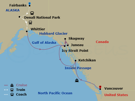 11 Night - Signature Denali D3l - Tour D3l - Westerdam Tours - Starting in Fairbanks, Denali National Park, Whittier, Alaska, Cruising Hubbard Glacier, Icy Strait Point, Alaska, Skagway, Alaska, Juneau, Alaska, Ketchikan, Alaska, Scenic Cruising the Inside Passage, Vancouver, BC, CA itinerary map
