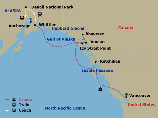 11 Night - Signature Denali D2l - Tour D2l - Westerdam Tours - Starting in Anchorage, Alaska, Denali National Park, Whittier, Alaska, Cruising Hubbard Glacier, Icy Strait Point, Alaska, Skagway, Alaska, Juneau, Alaska, Ketchikan, Alaska, Scenic Cruising the Inside Passage, Vancouver, BC, CA itinerary map