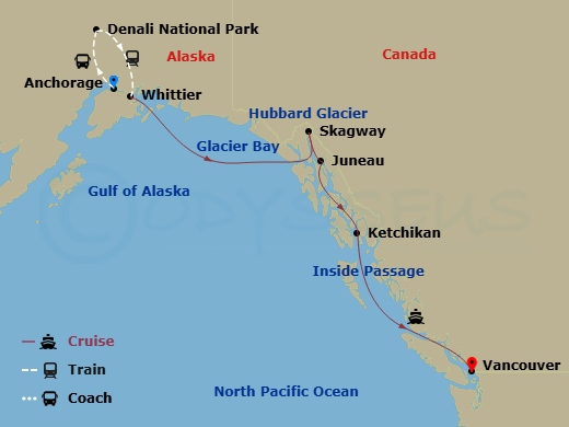 11 Night - Signature Denali D2l - Tour D2l - Westerdam Tours - Starting in Anchorage, Alaska, Denali National Park, Whittier, Alaska, Cruising Hubbard Glacier, Glacier Bay, Skagway, Alaska, Juneau, Alaska, Ketchikan, Alaska, Scenic Cruising the Inside Passage, Vancouver, BC, CA itinerary map