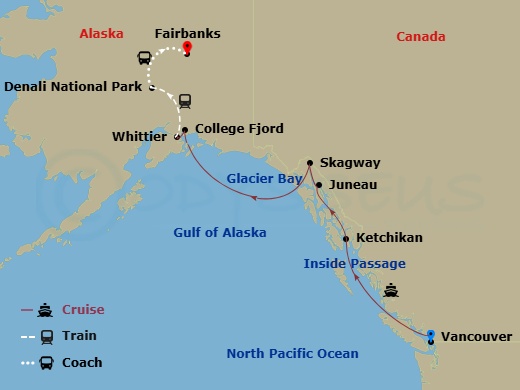 11 Night - Signature Denali D3c - Tour D3c - Westerdam Tours - Starting in Vancouver, BC, CA, Scenic Cruising the Inside Passage, Ketchikan, Alaska, Juneau, Alaska, Skagway, Alaska, Glacier Bay, College Fjord, Whittier, Alaska, Denali National Park, Fairbanks itinerary map