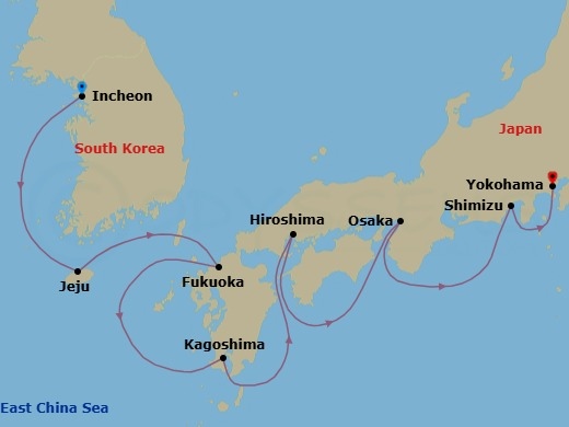 12 Night - Best of Japan & South Korea - Celebrity Millennium - Starting in Seoul (Incheon), South Korea, Jeju Island, South Korea, Fukuoka, Japan, Kagoshima, Japan, Hiroshima, Japan, Kyoto (Osaka), Japan, Mount Fuji (Shimizu), Japan, Tokyo (Yokohama), Japan itinerary map