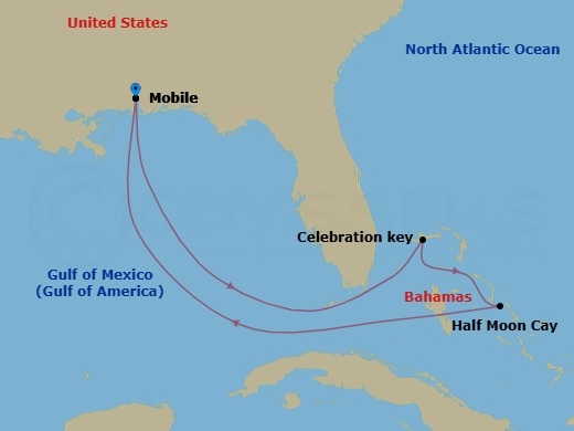 6 Night - Bahamas - Carnival Spirit - Starting in Mobile, Al, Celebration Key, the Bahamas, Relaxaway, Half Moon Cay, Mobile, Al itinerary map