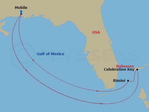 6 Night - Bahamas - Carnival Spirit - Starting in Mobile, Al, Celebration Key, the Bahamas, Bimini, the Bahamas, Mobile, Al itinerary map