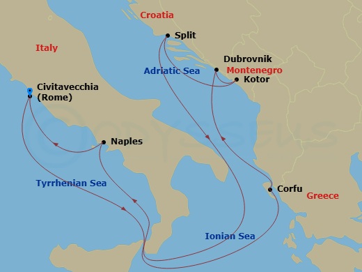 8 Night - Croatia Greece & Italy - Carnival Miracle - Starting in Civitavecchia (Rome), Italy, Corfu, Greece, Dubrovnik, Croatia, Kotor, Montenegro, Split, Croatia, Naples (Amalfi / Pompeii), Italy, Civitavecchia (Rome), Italy itinerary map
