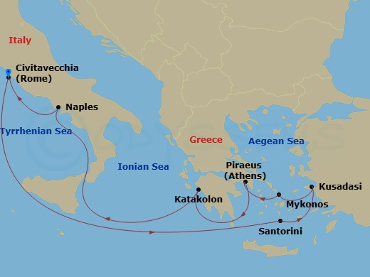 10 Night - Greek Isles Turkey & Italy - Carnival Miracle - Starting in Civitavecchia (Rome), Italy, Santorini, Greece, Kusadasi (Ephesus), Turkey, Mykonos, Greece, Piraeus (Athens), Greece, Katakolon (Olympia), Greece, Naples (Amalfi / Pompeii), Italy, Civitavecchia (Rome), Italy itinerary map